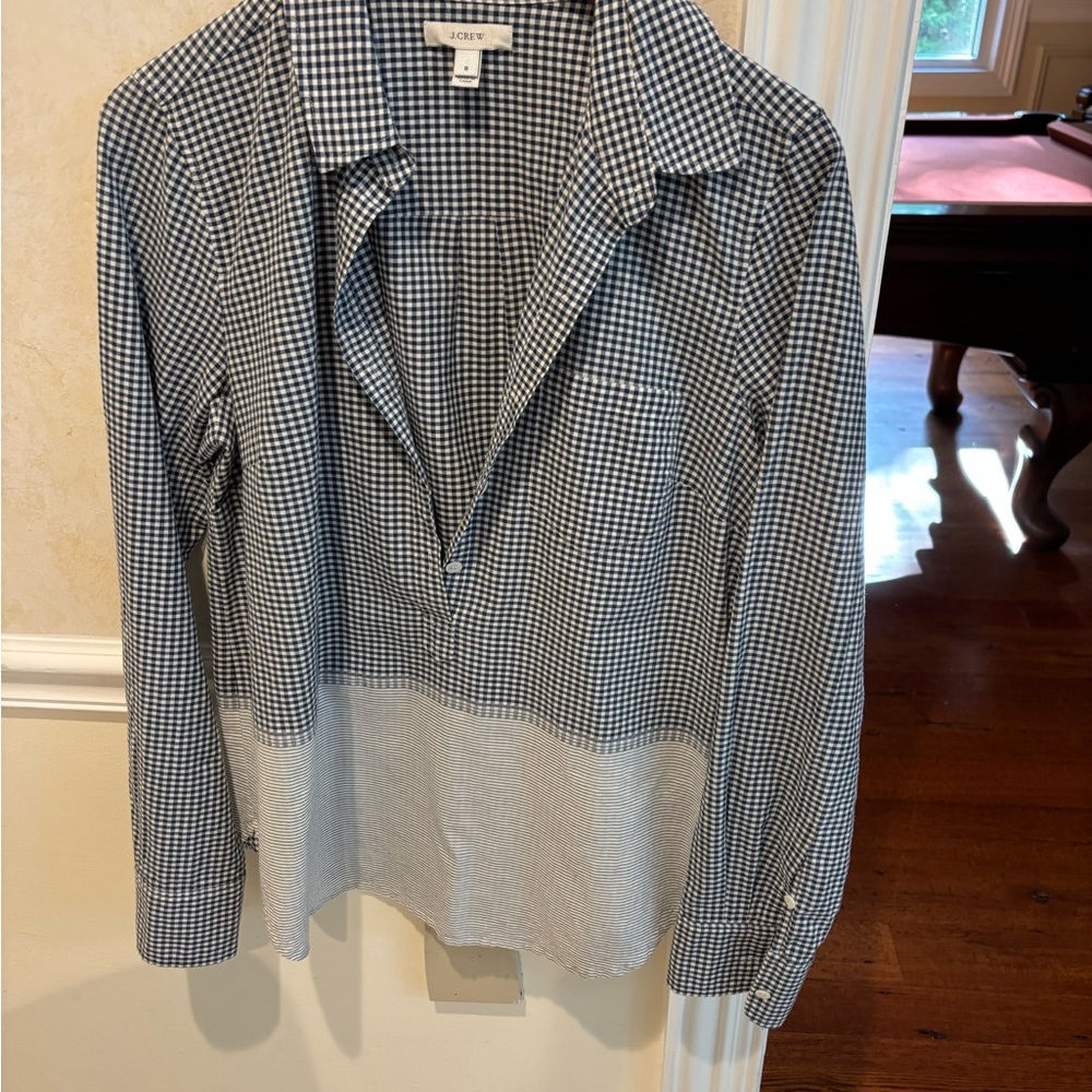 J. Crew White and Blue Gingham Blouse